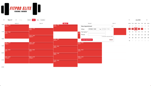Example of a SuperSaaS schedule on a computer for personal trainers
