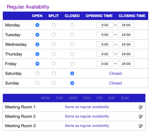 manage room opening hours