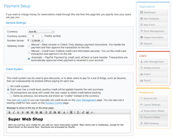 Setting up the credit system