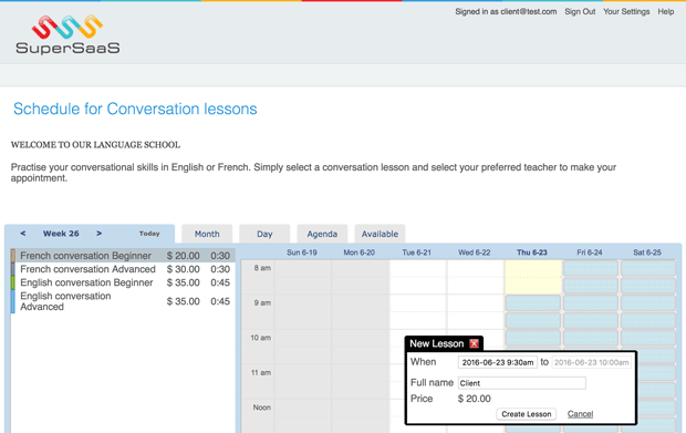 Schedule for conversation lessons users